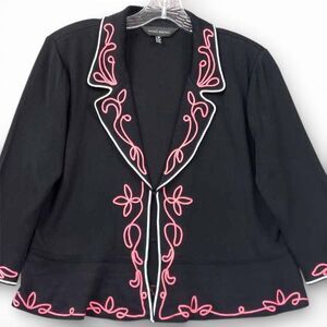 Ming Wang Knit Jacket Womens M Black Hot Pink Embroidered Career Blazer